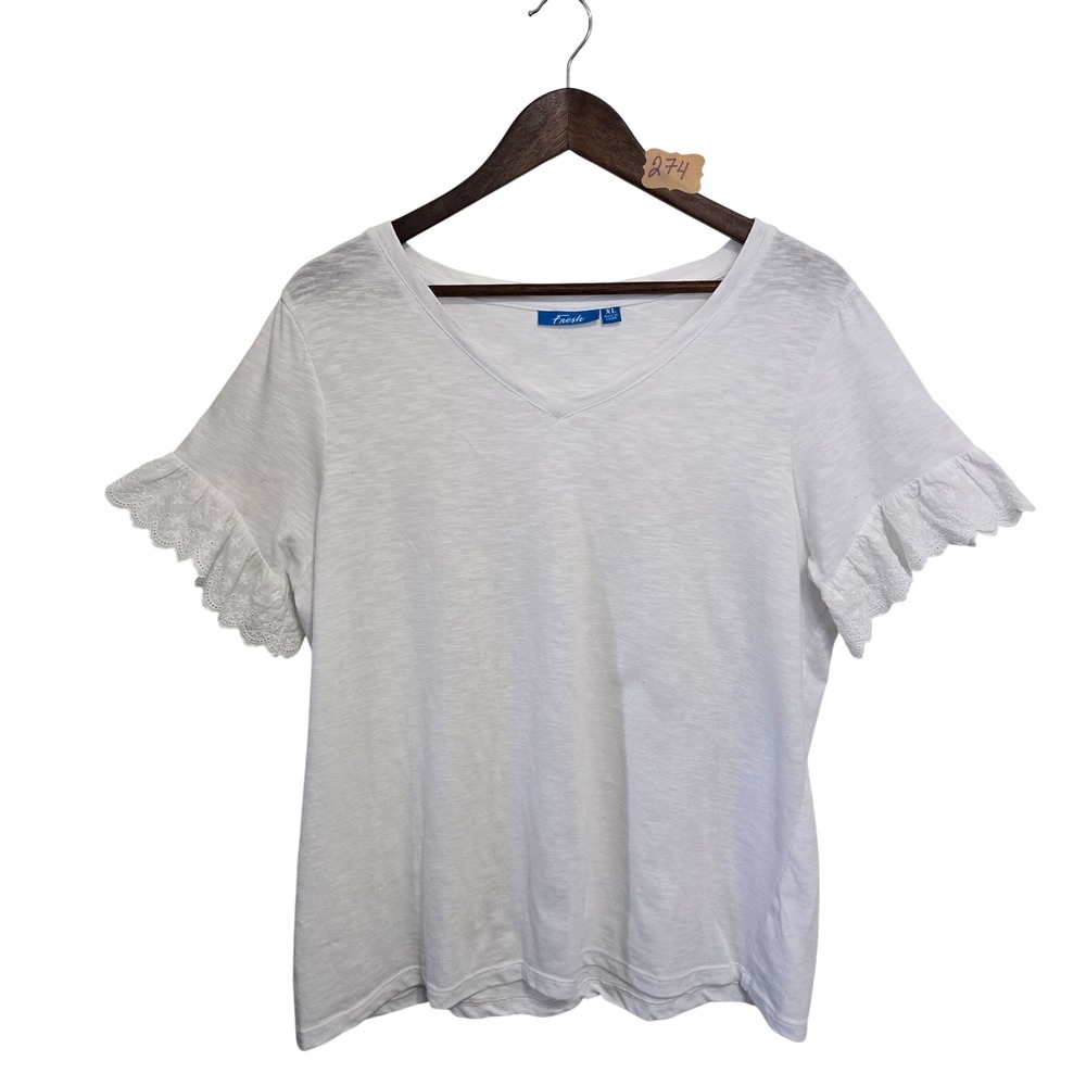 Fresh Women White V-Neck Slub Knit T-Shirt Eyelet Lace Ruffle Sleeve XL